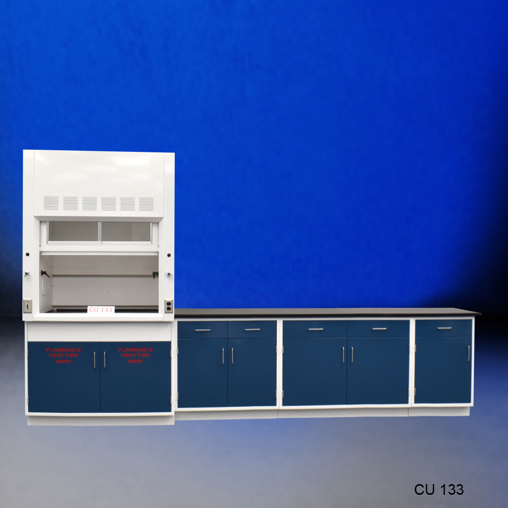 4' Laboratory Fume Hood + Blue Flammable & 9' Cabinets  /Fisher American /E2-460