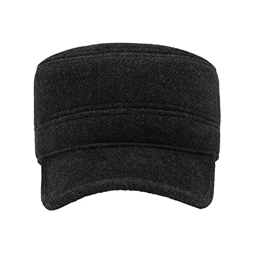 Men's Winter Baseball Cap with Ear Flaps Adjustable Cabbie Hat Wool Flat Black