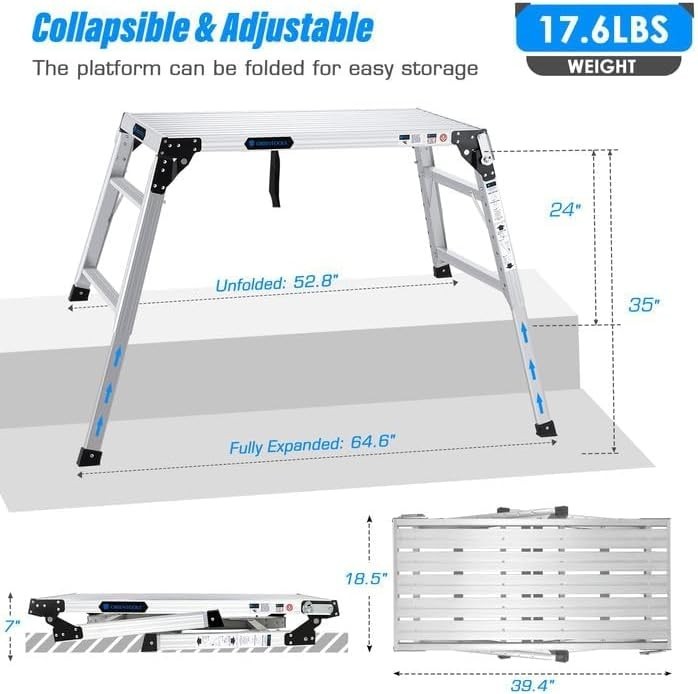Adjustable Work Platform 39.4x18.5" Portable Folding AL Step Ladder Scaffolding