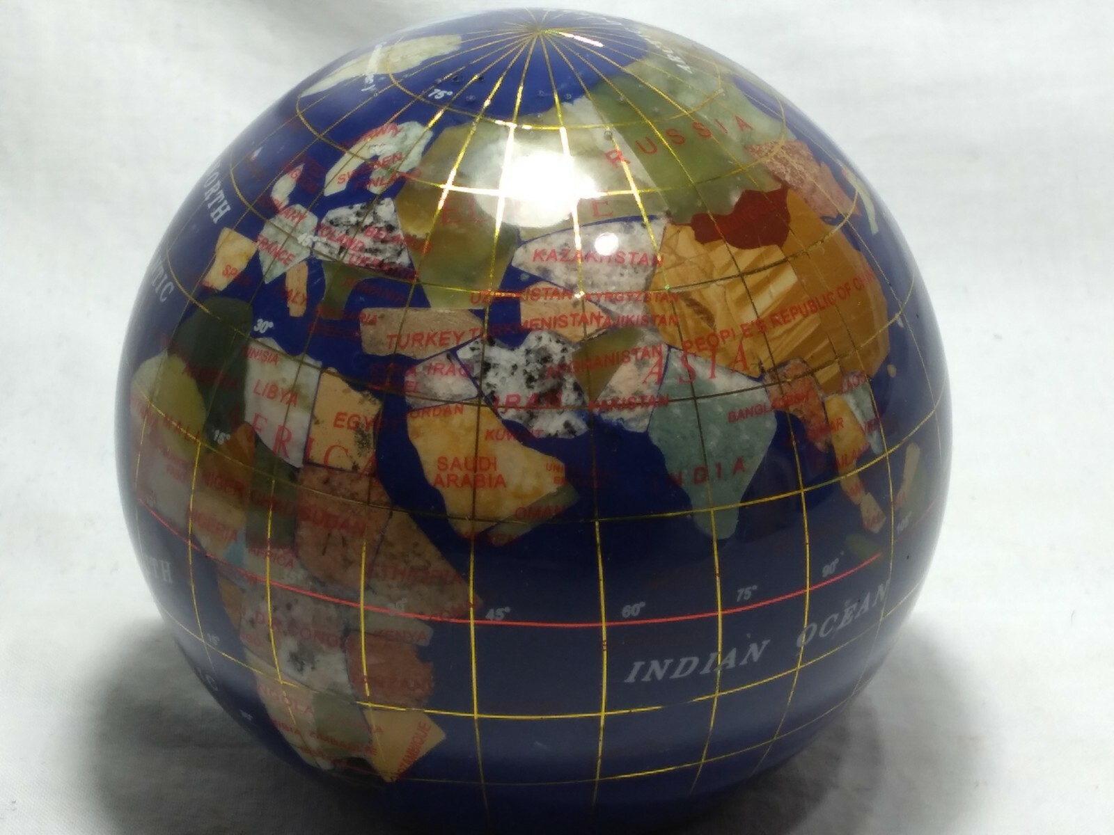 World Globe Mineral Stone Inlay Longitude Lattitude Blue Ocean Desktop Decor 4"