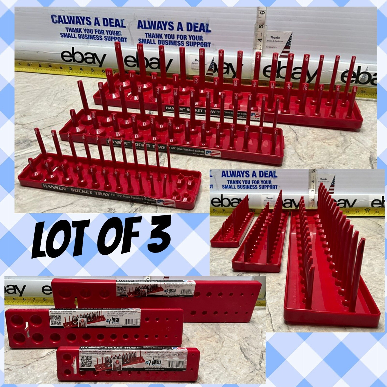 Hansen Global 1/2" Drive 1/4” Standard 3/8” Deep Socket Tray Organizer Lot3 1201