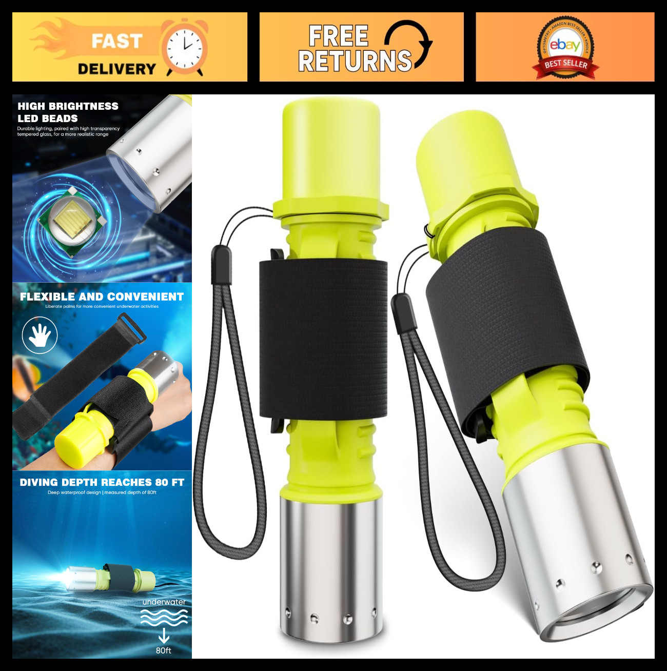 2 Pack Waterproof Scuba Diving Flashlight, 1200 Lumens LED Dive Light, 3 Modes,