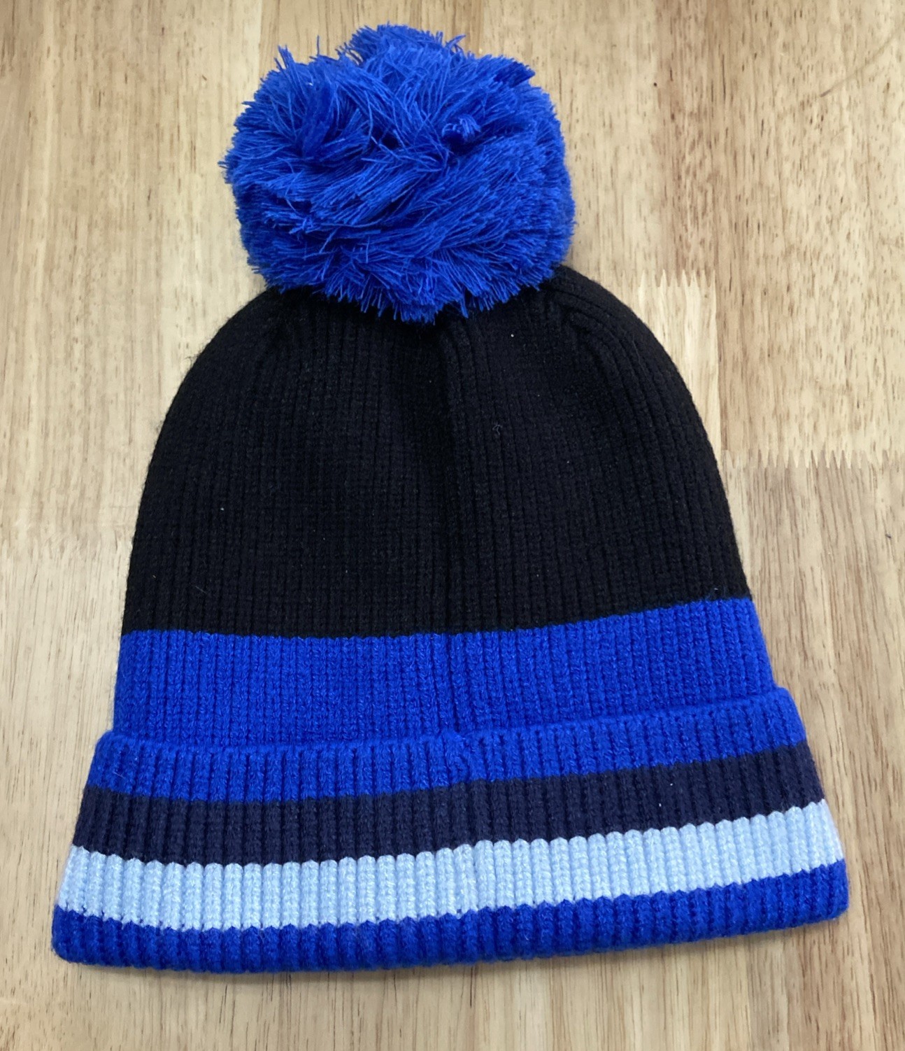 Blue & Black Striped Knitted Pom Pom Beanie Hat Fleece Lined OSFM