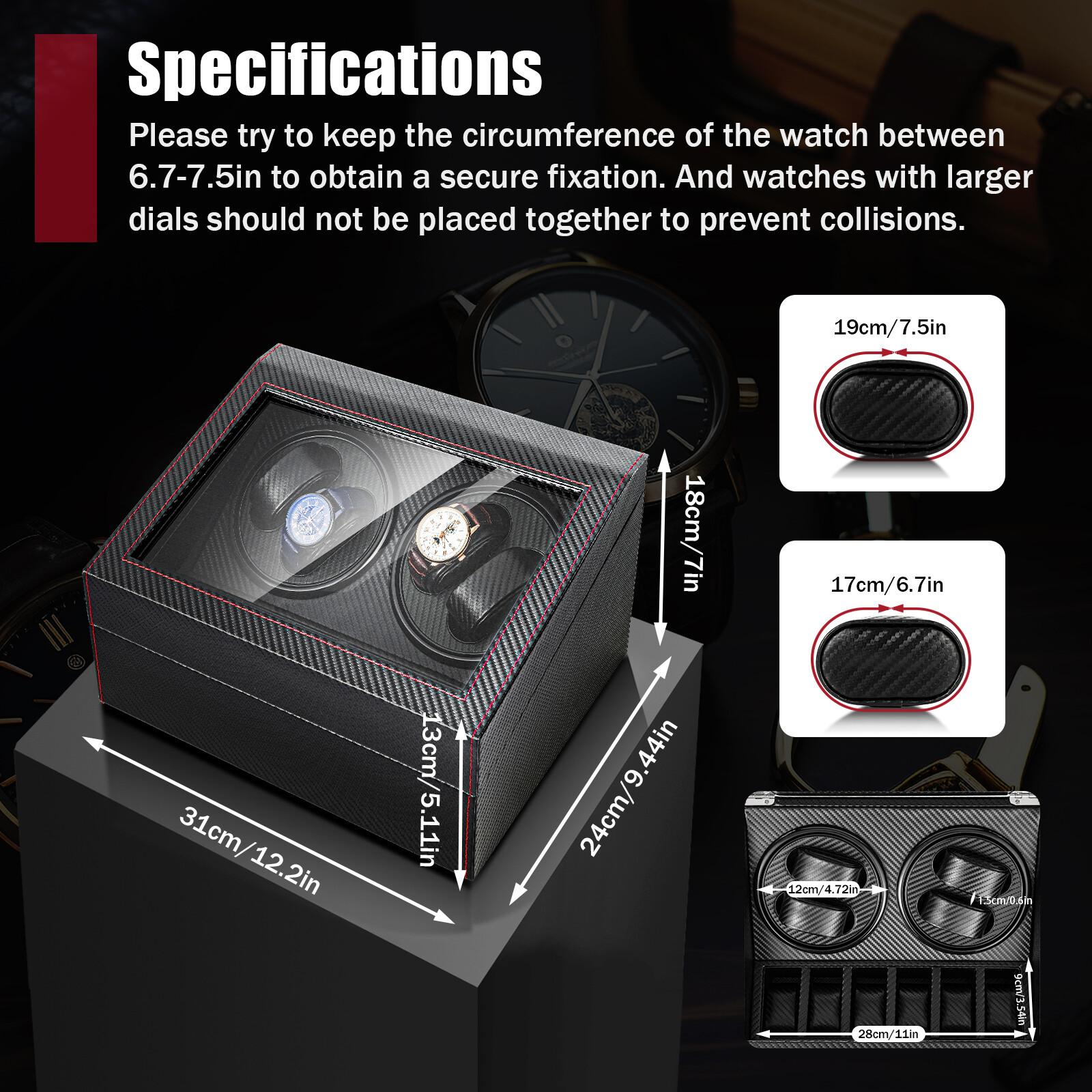 10 Slots Watch Winder Automatic Rotation MDF + PU Display Storage Box Black