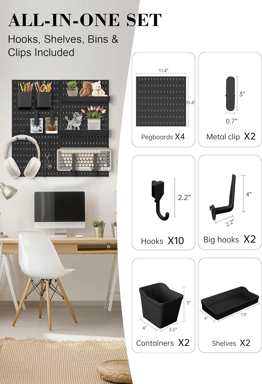 Pegboard Wall Organizer Set – 4 Peg Boards with Hooks & Shelves – Office, Ki