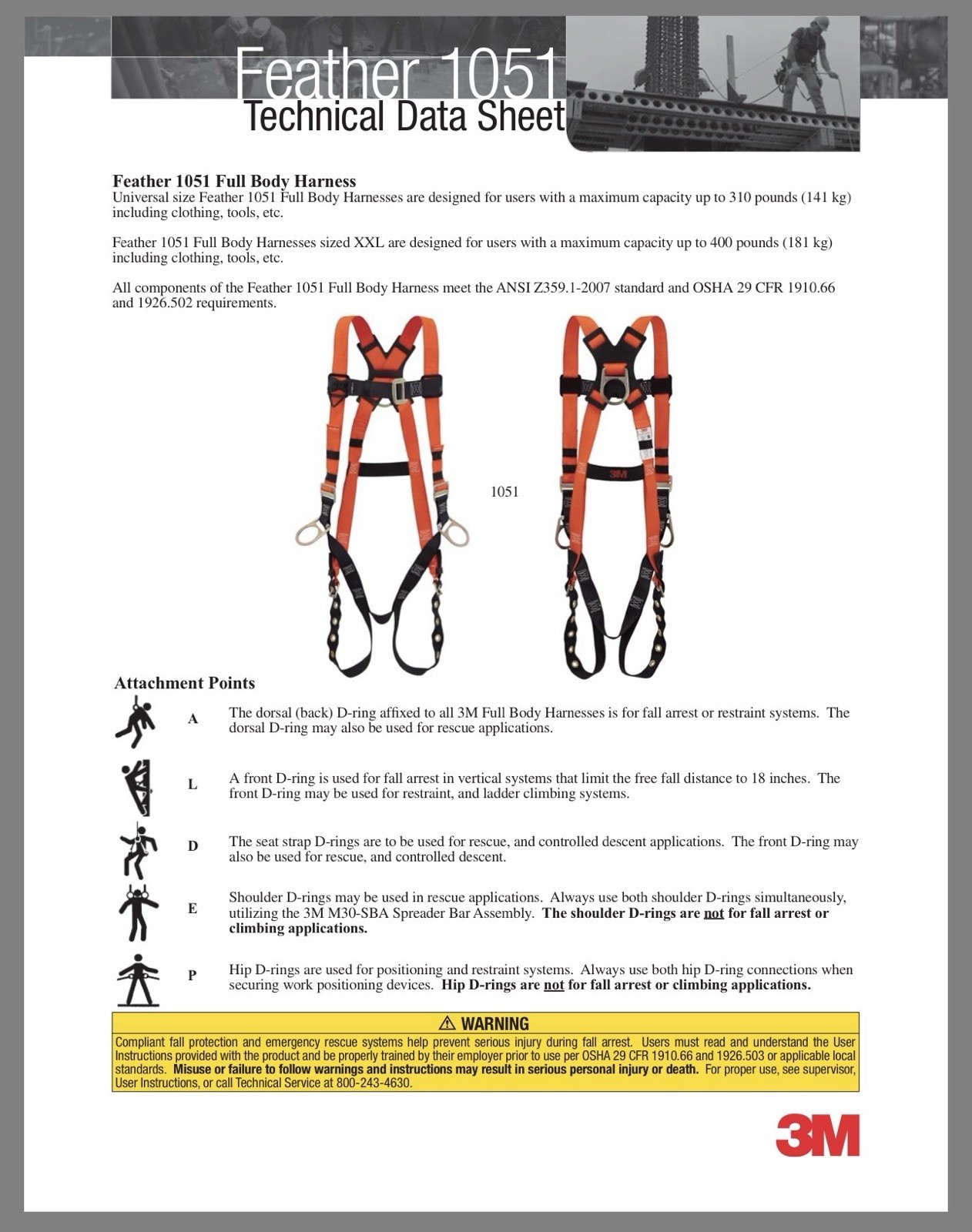3M Feather Harness 1051 Personal Safety Fall Protection ANSI/Osha Standards
