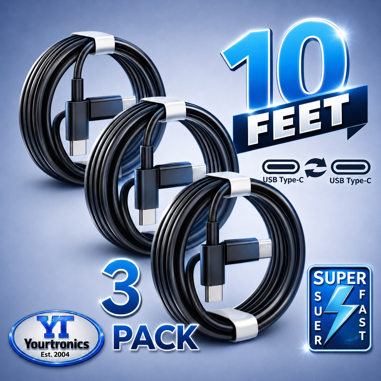 3 Pack 10FT USB-C to USB-C Cable Fast Charge Type C Charging Cord Rapid Charger