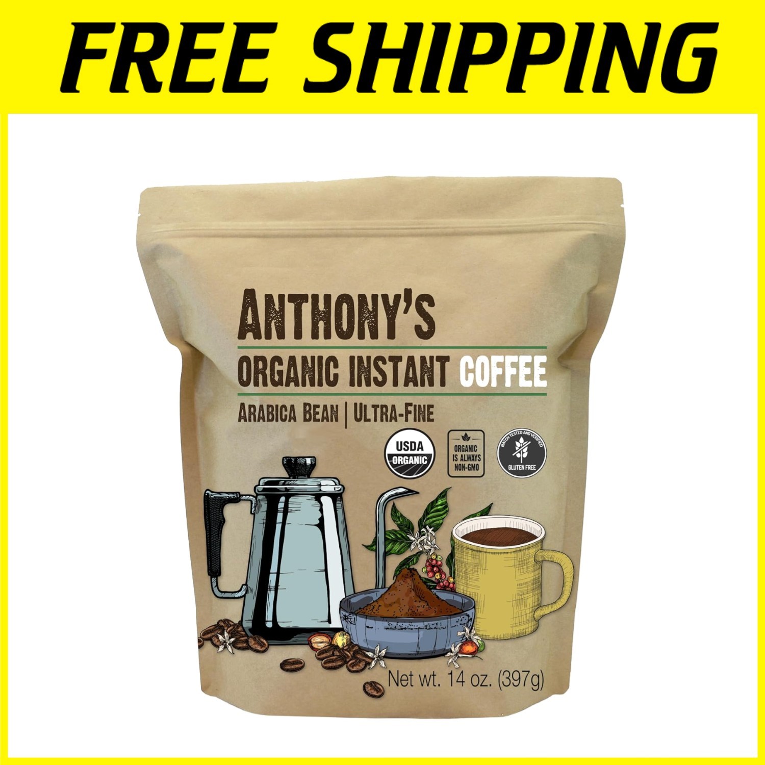 Organic Instant Coffee 14oz - Gluten Free Arabica Brew