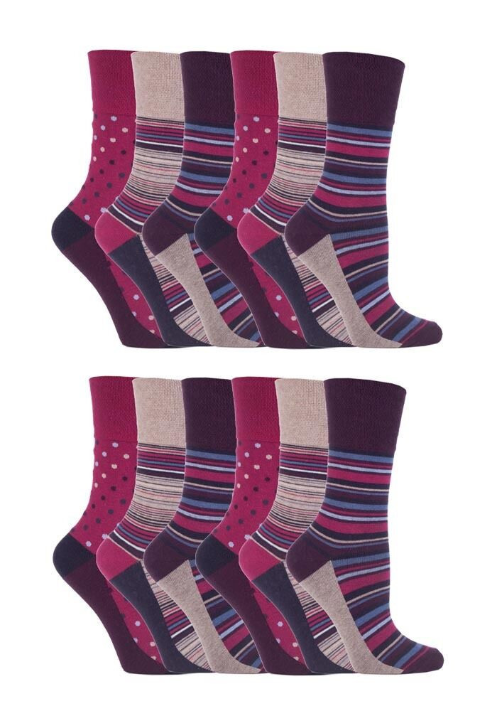 12 Pairs Womens Sockshop Gentle grip socks 4-8 uk,37-42 Stripe Dot Pink GG55