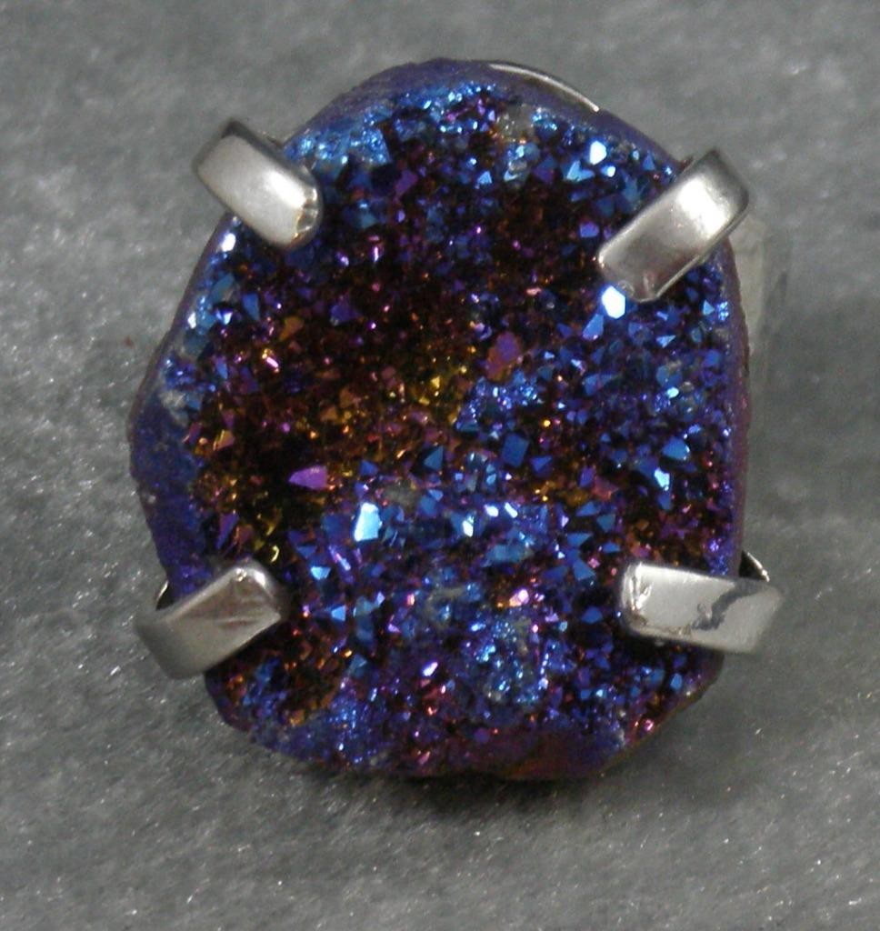 Blue Purple Dichroic Coated Druzy Agate Nuggety Large Finger Ring Adjustable