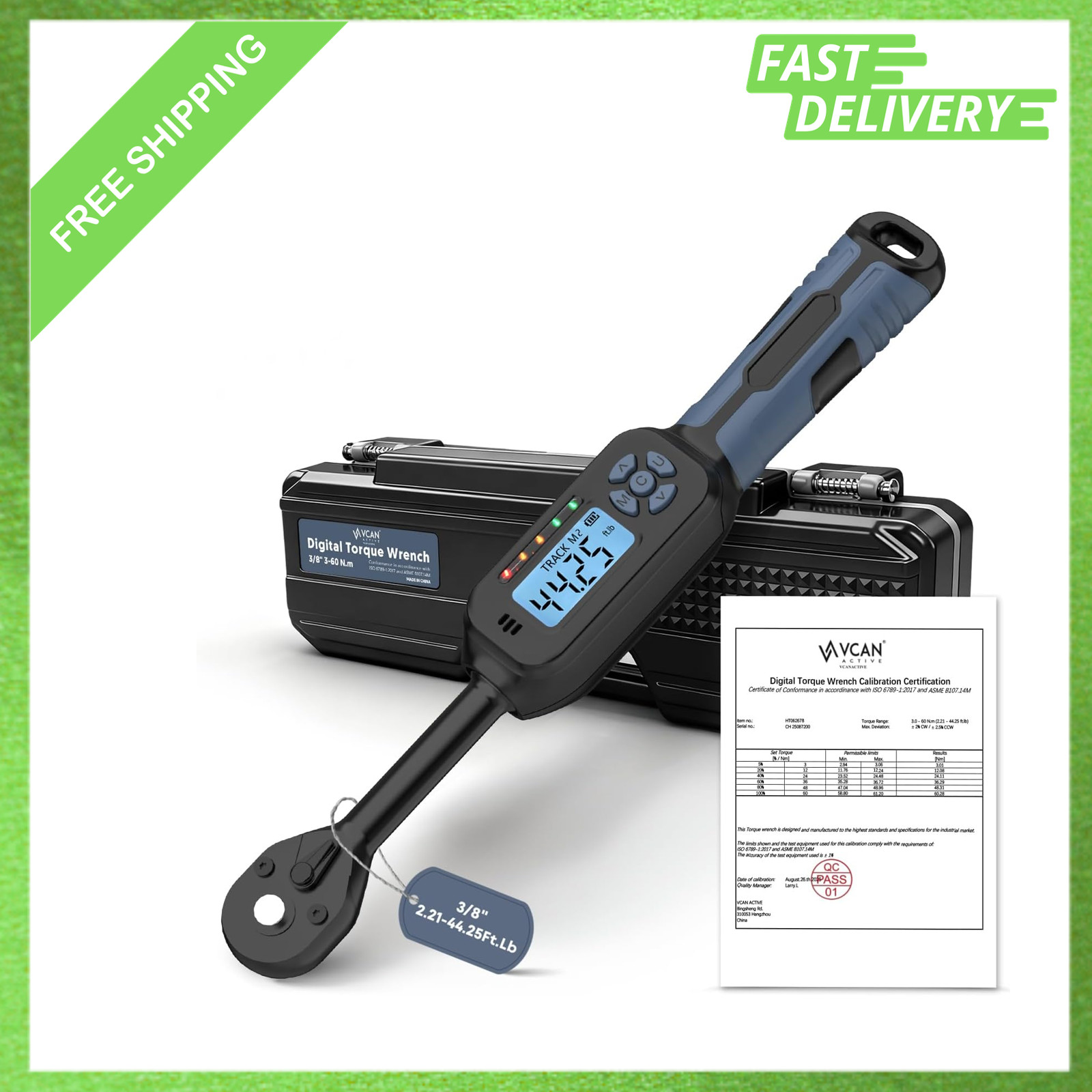Digital Torque Wrench 3/8 Drive, ±1% Accuracy, 2.21-44.25 Ft Lb, Auto Track and