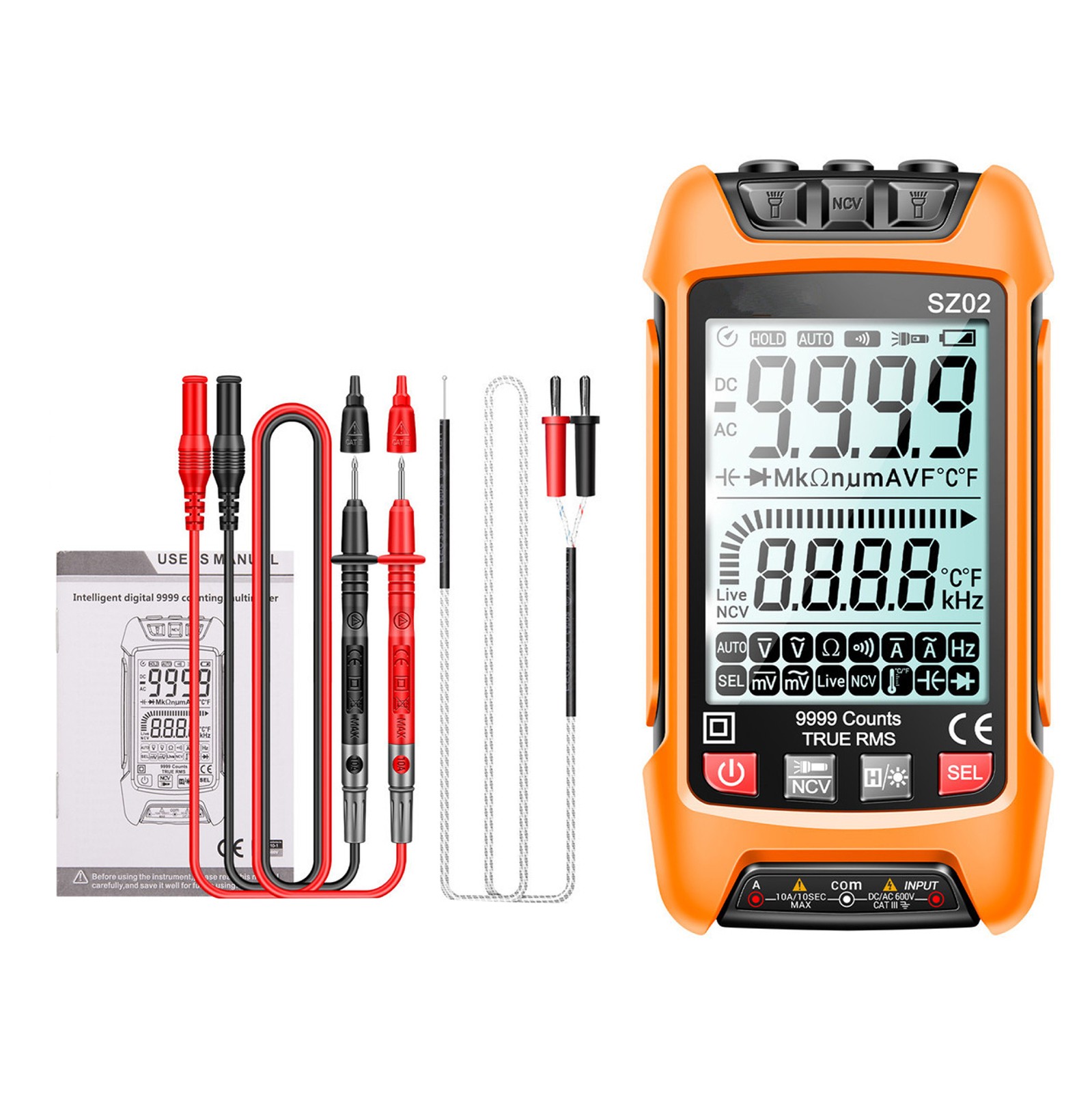 Digital Multimeter 9999 Counts True RMS Auto Electrical Capacitance Meter Temp,