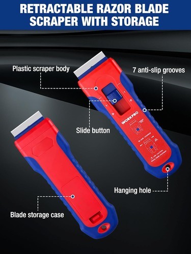 WORKPRO Retractable Razor Blade Scraper w/56PC Steel Blade Cleaning Scraper Tool