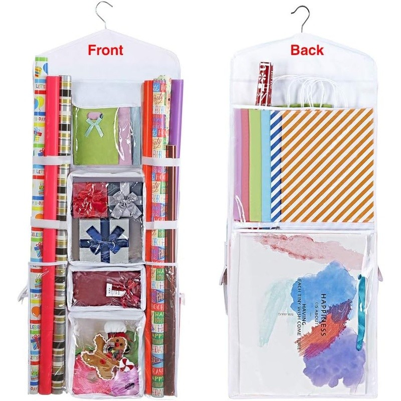 Hanging Closet Organizer Gift Wrapping Paper W/ Storage Compartments & Door Hook