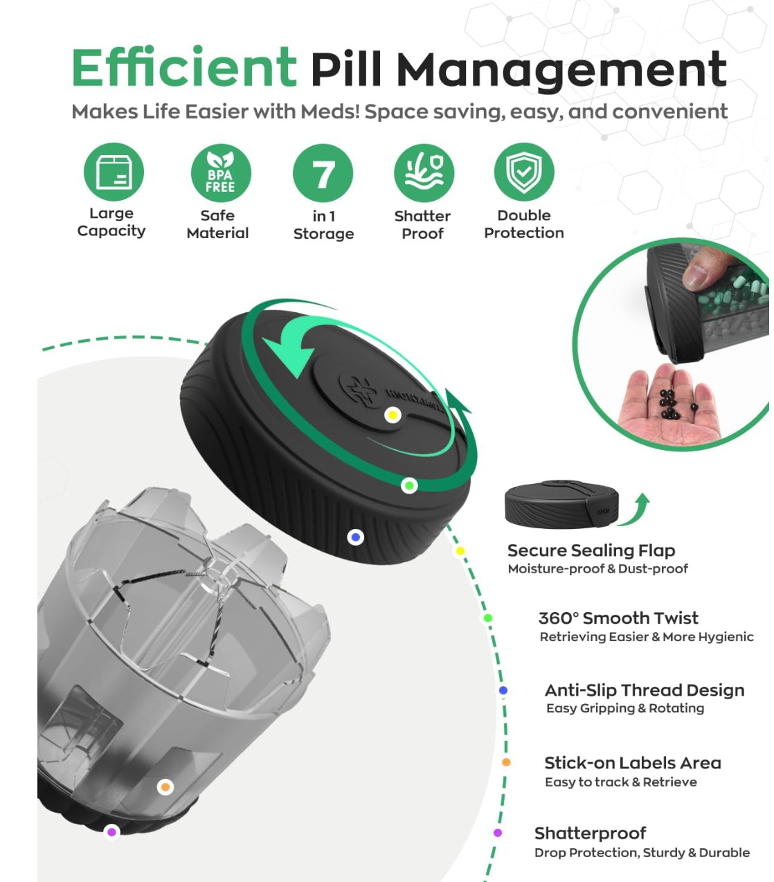 Cute Pill Organizer,Pill Dispenser with 7 Large Compartments,Portable Black-NEW