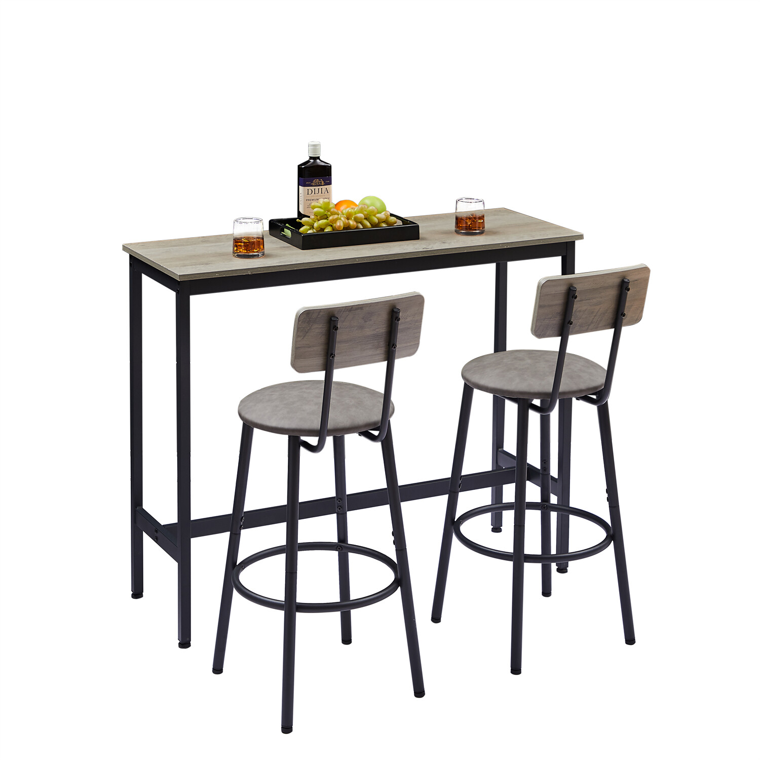 3 Piece Bar Table Set Counter Height Kitchen Pub Table w/ 2 Bar Stool Grey