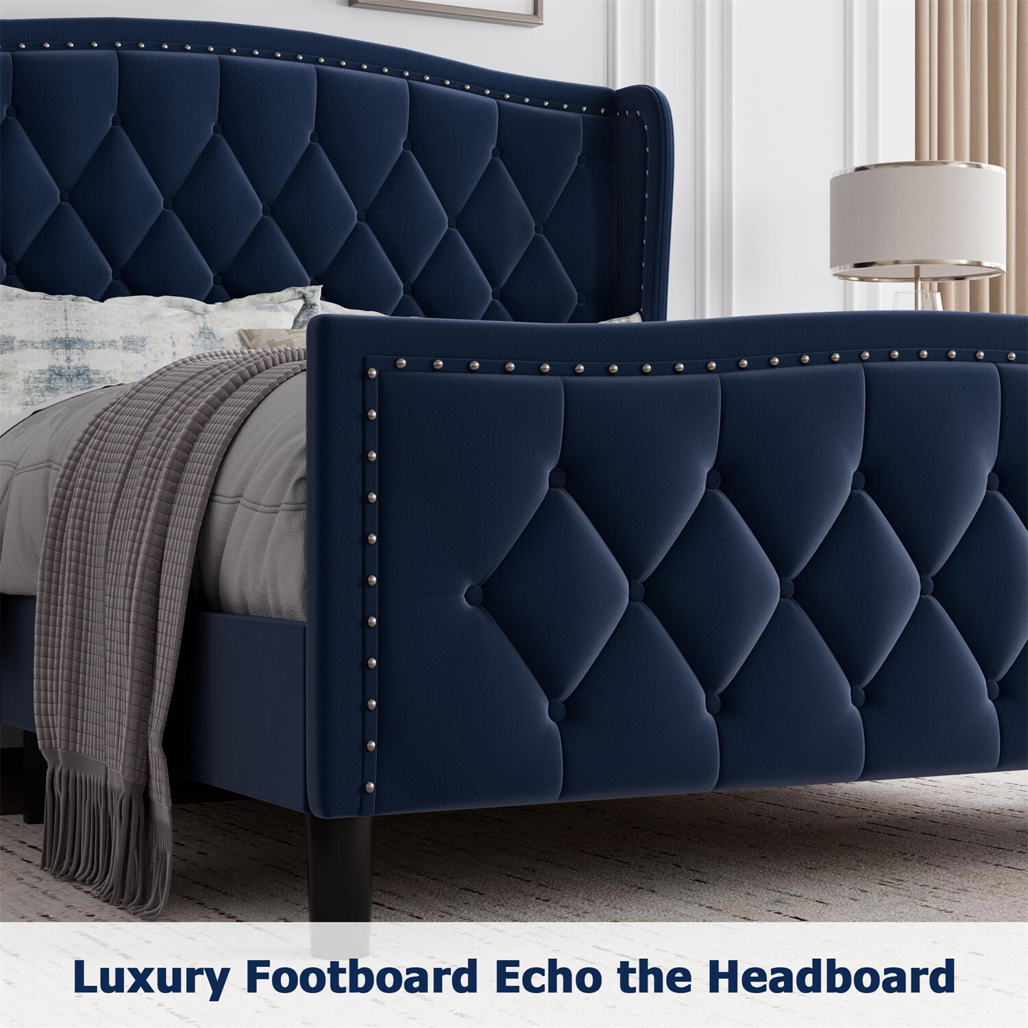 Full Bed Frame Velvet Upholstered Platform Bed with Wing Side Headboard Sturdy