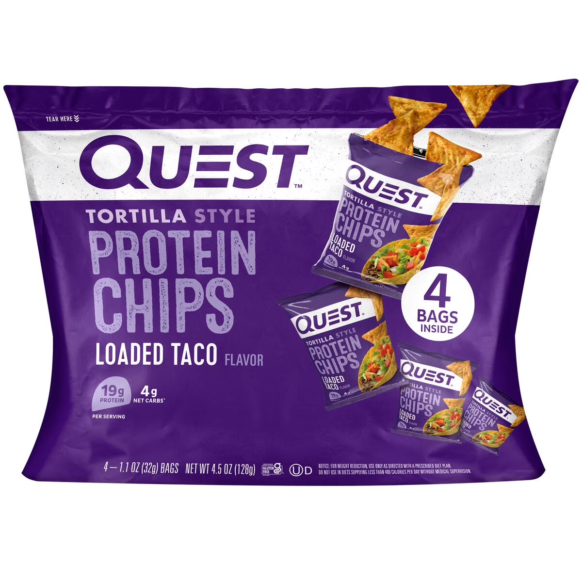 Quest Tortilla Style Protein Chips, Loaded Taco Flavor, Baked, Low Carb, 4 Count