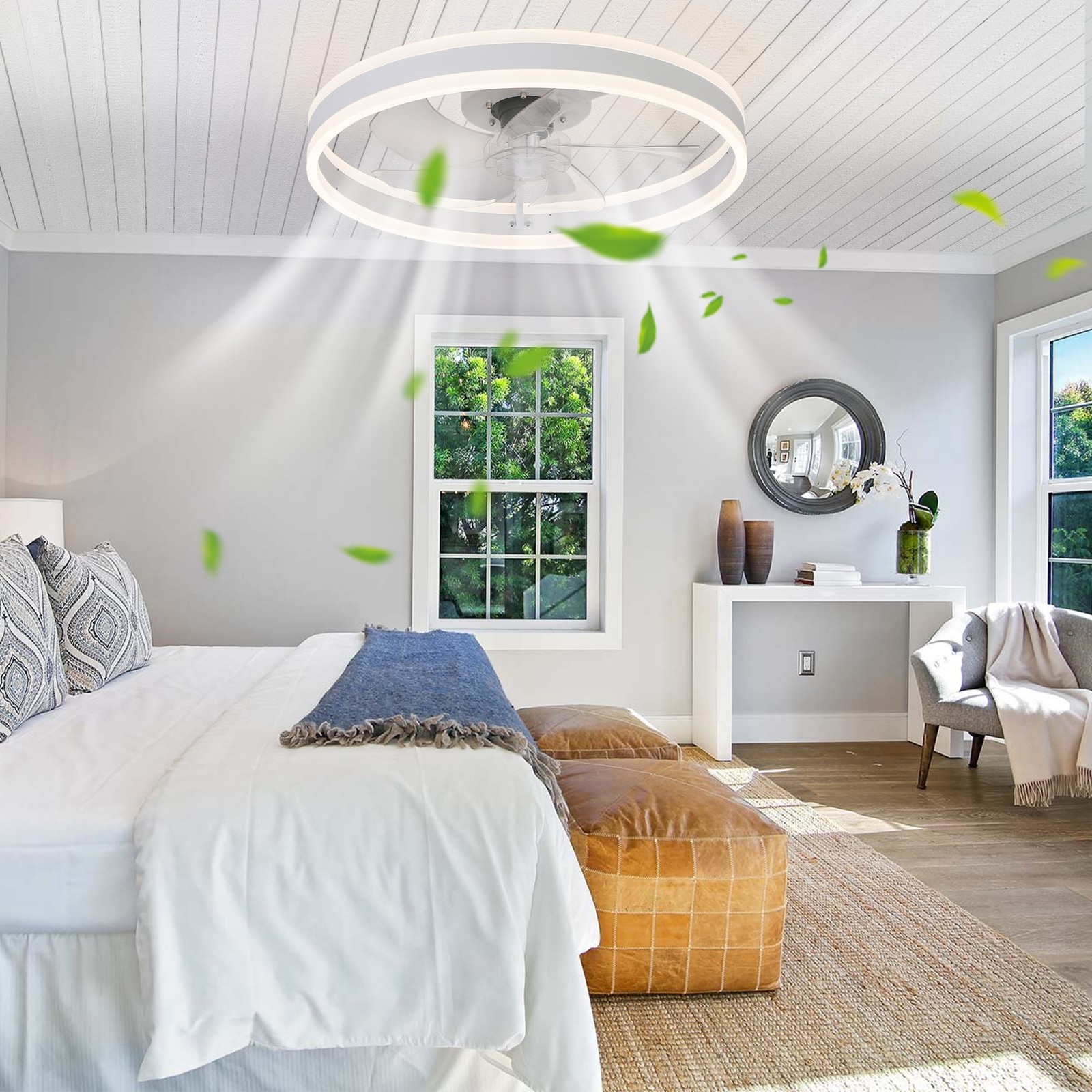 20" Flush Mount Ceiling Fan with Light and Remote, Dimmable LED, White