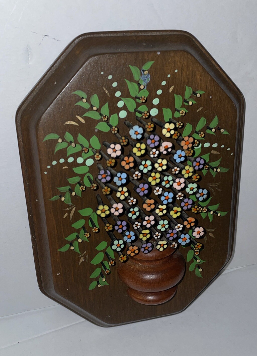 Vintage Shabby Cottage Folk Art Wood & Nail Flower Bouquet Metal Petals 7” Craft
