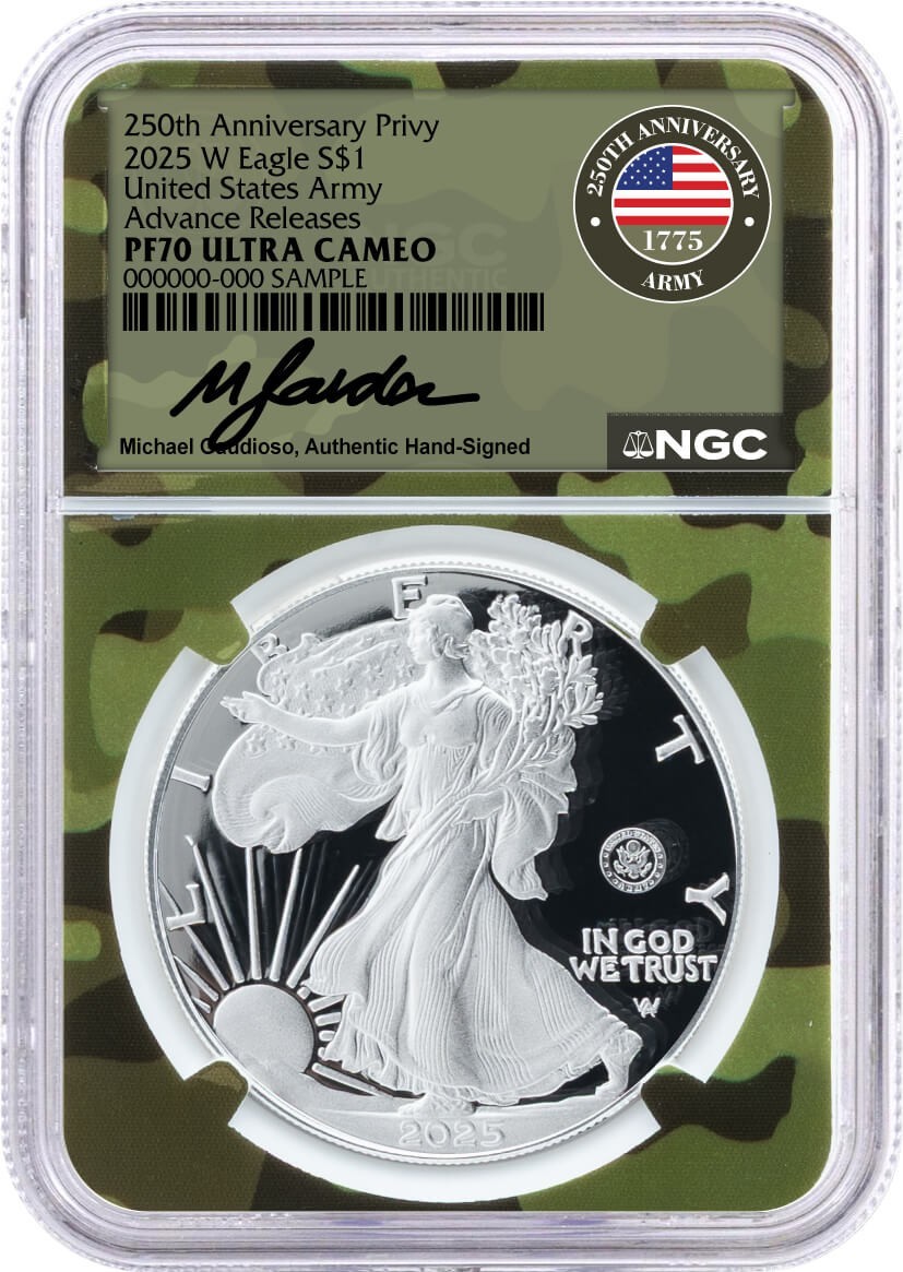 2025 W Silver Eagle 250th Anniv U.S. Army Privy NGC PF70 UCAM Advance Releases