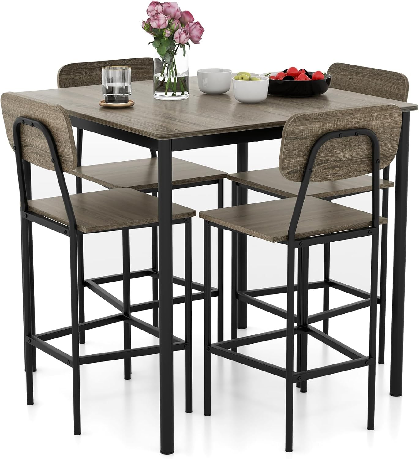 5-Piece Dining Table Set W/Counter Height Table & 4 Bar Stools Industrial