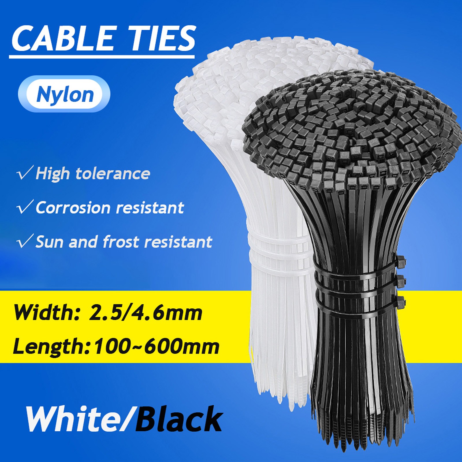 Natural Nylon Cable Ties Zip Ties Wraps Strong - Best Quality - Black / White