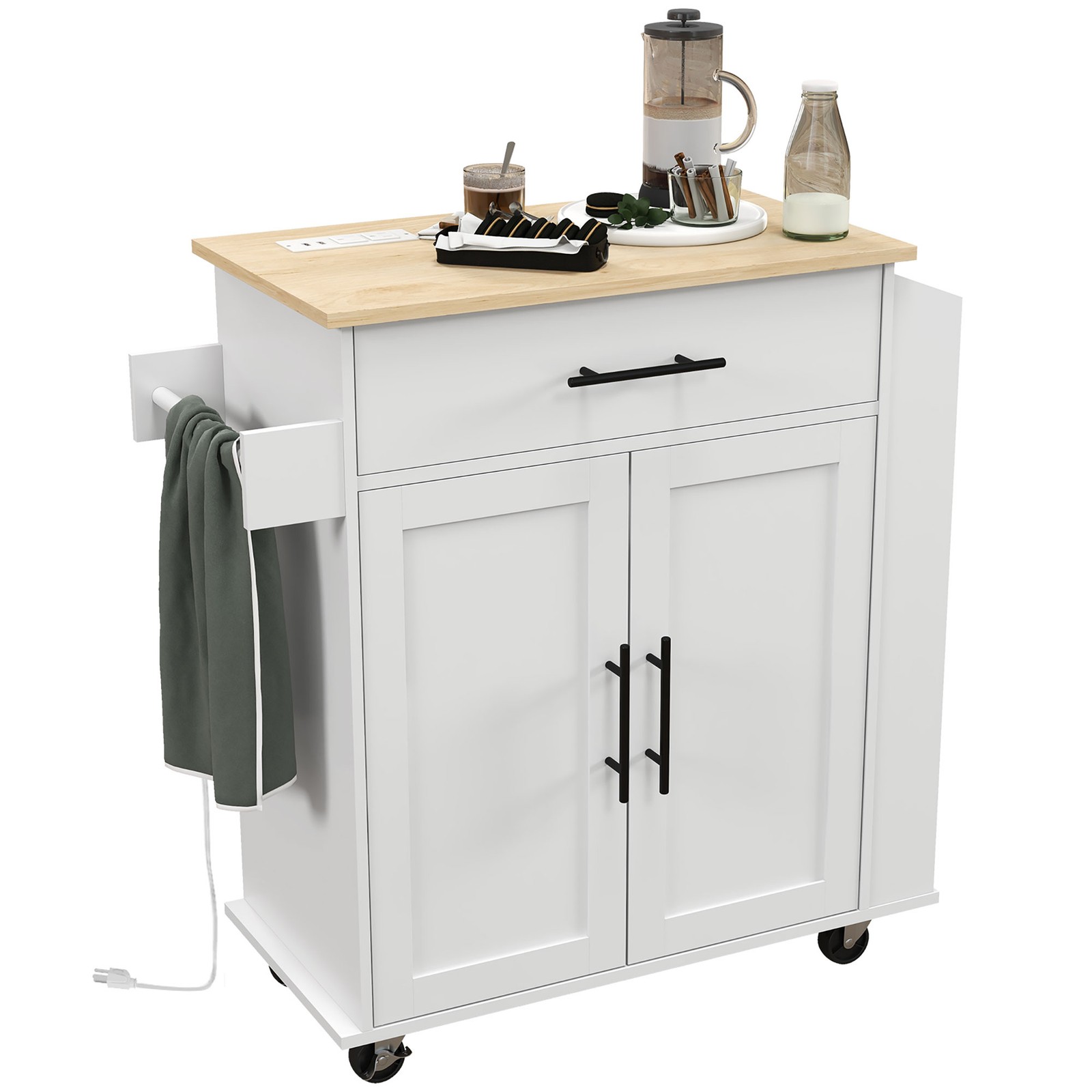 Kitchen Island Cart w/ Power Outlets, Drawer, Cabinet & Spice Rack, White