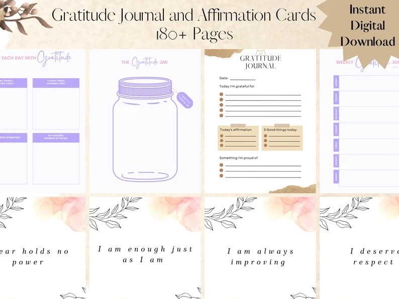 Gratitude Journal and Affirmation Cards Digital Download | Mindfulness,Self Love