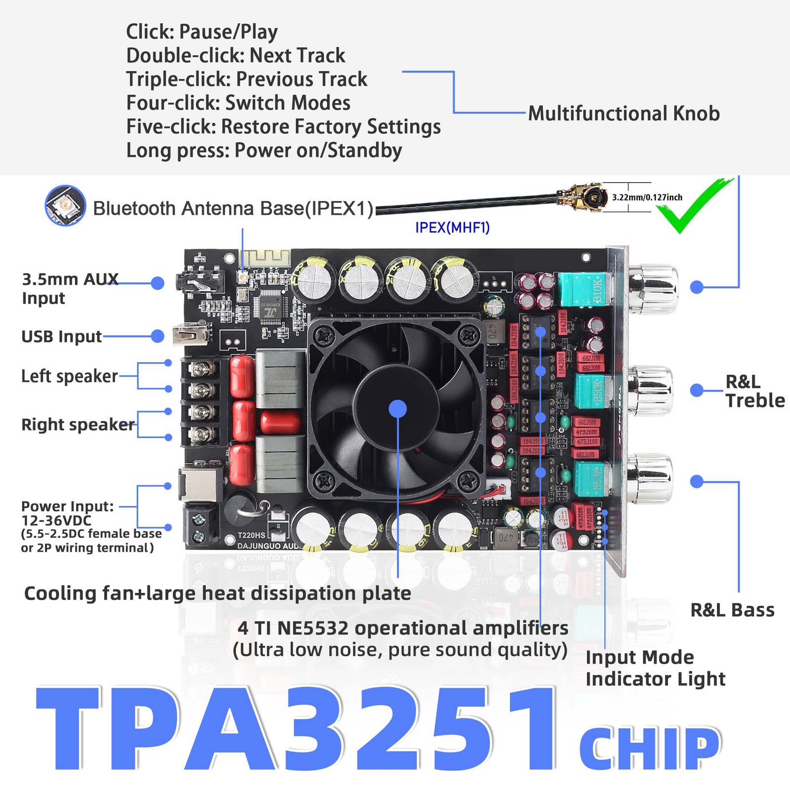 440W Audio Amplifier Board with Treble and Bass Control, Black2 T220HS
