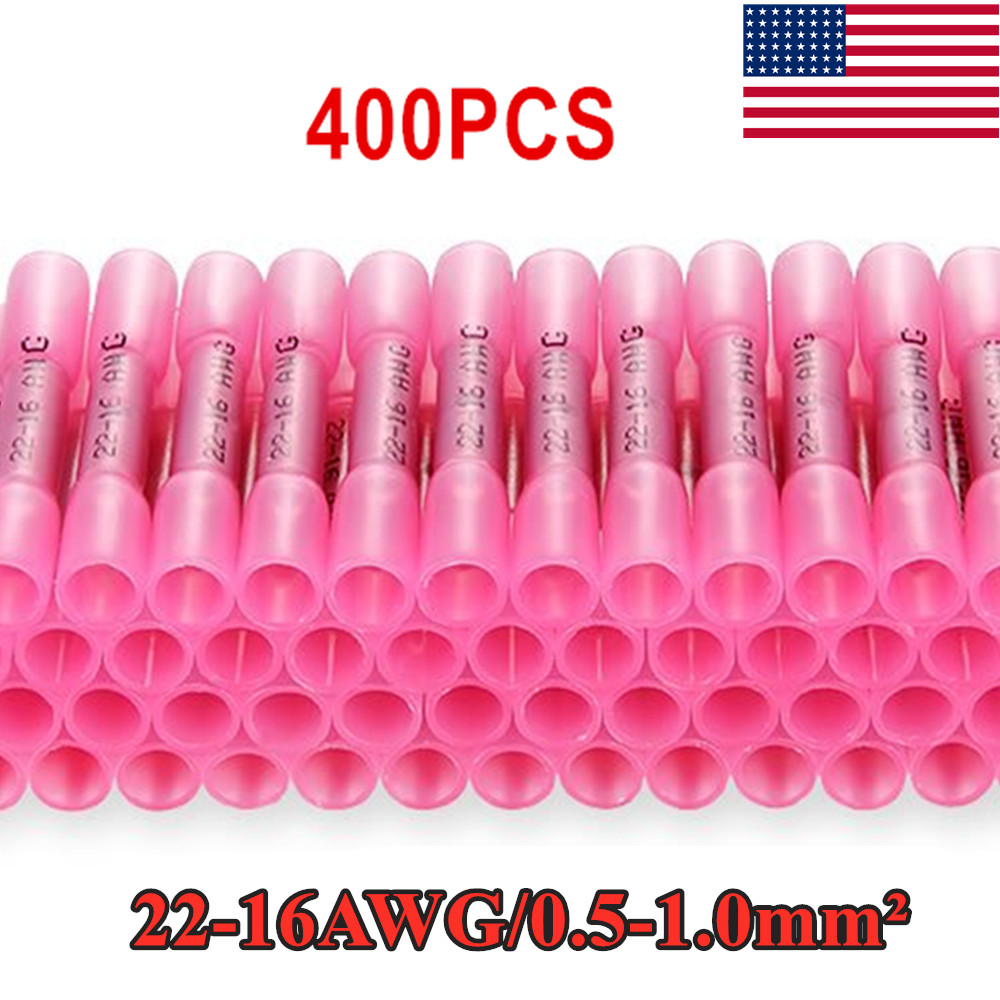 400Pcs Red 22-16AWG Heat Shrink Butt Wire Splice Connectors Seal Crimp Terminals