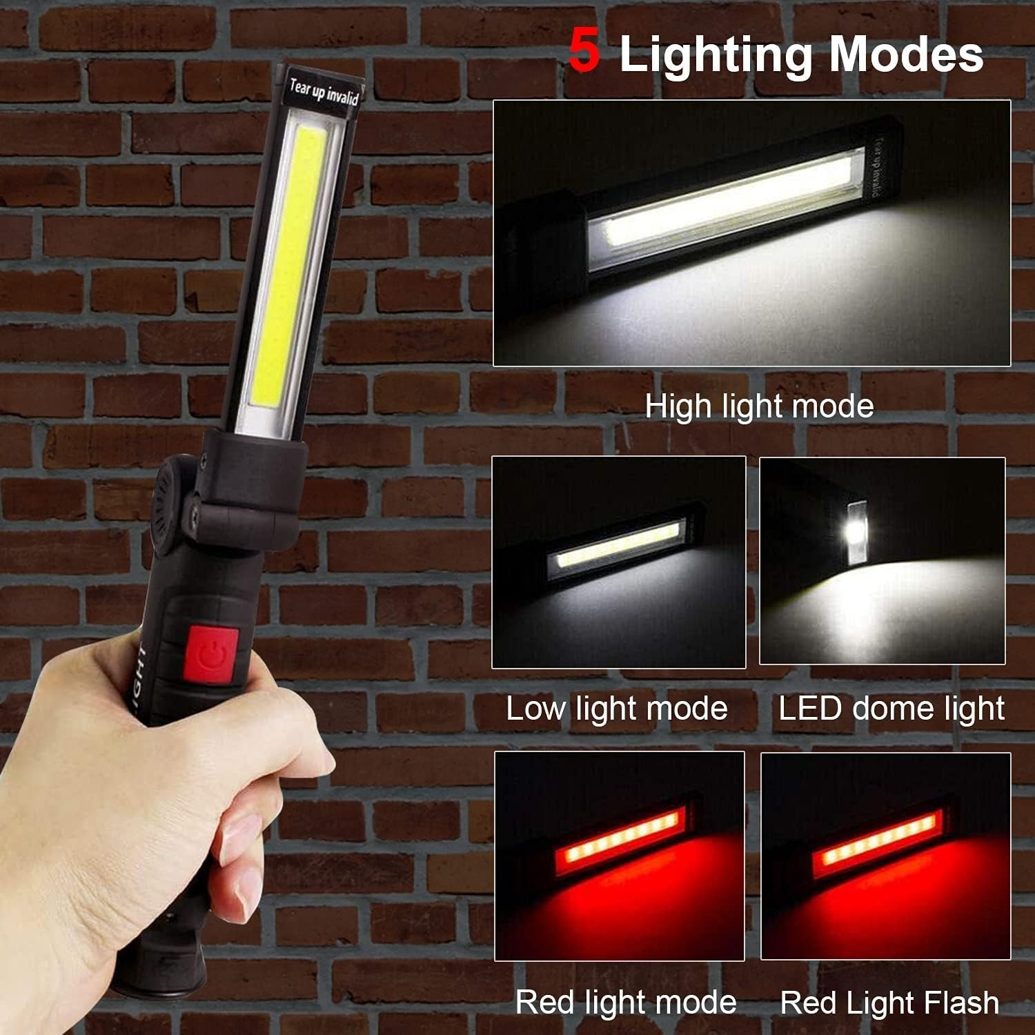 Rechargeable LED Work Light Magnetic Foldable Flashlight with Hook 5 Modes