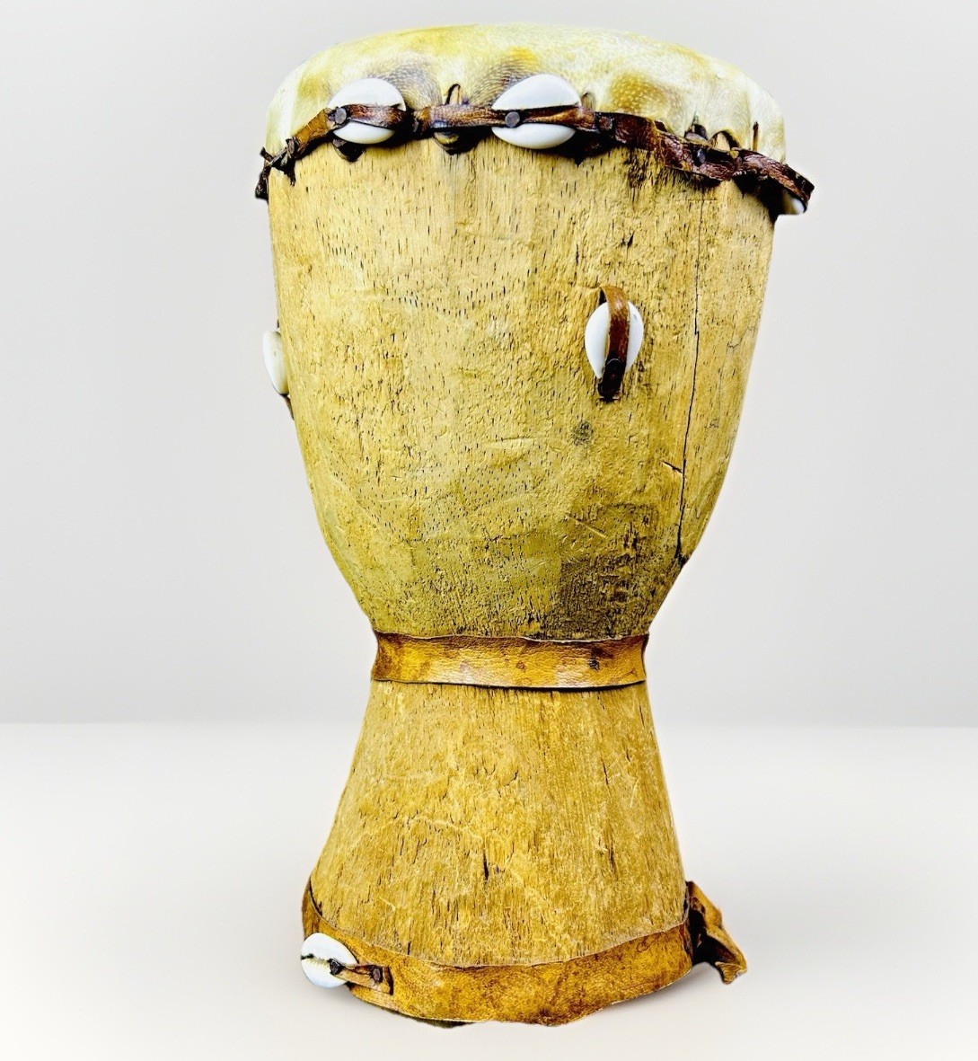 Handcrafted Wood Djembe Drum Cowrie Shell and Cow Hide Bohemian Music Decor