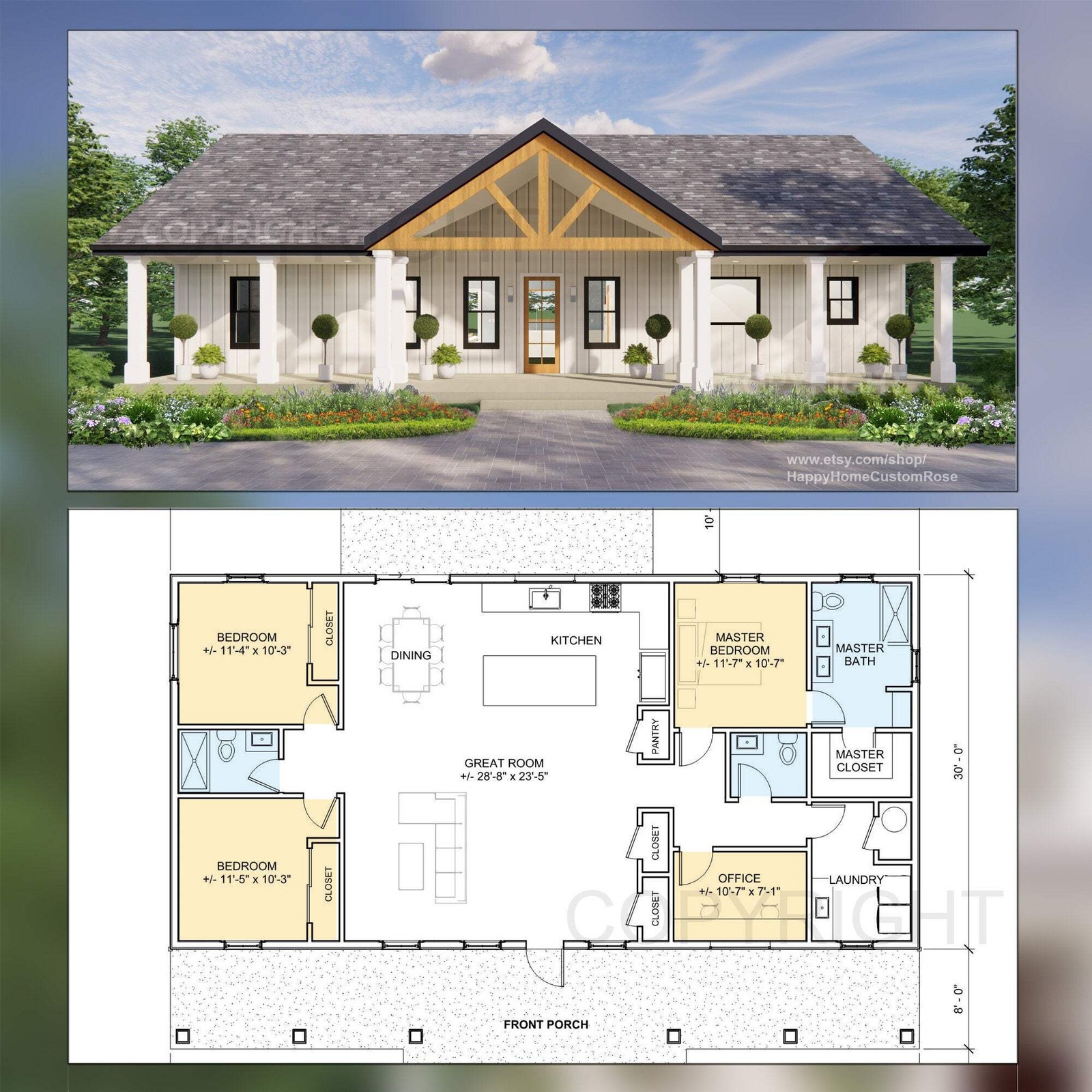 Harvest Farmstead Modern House Open Plan Design 60 x 30 - 3 Bed 2.5 Bath - Drawi