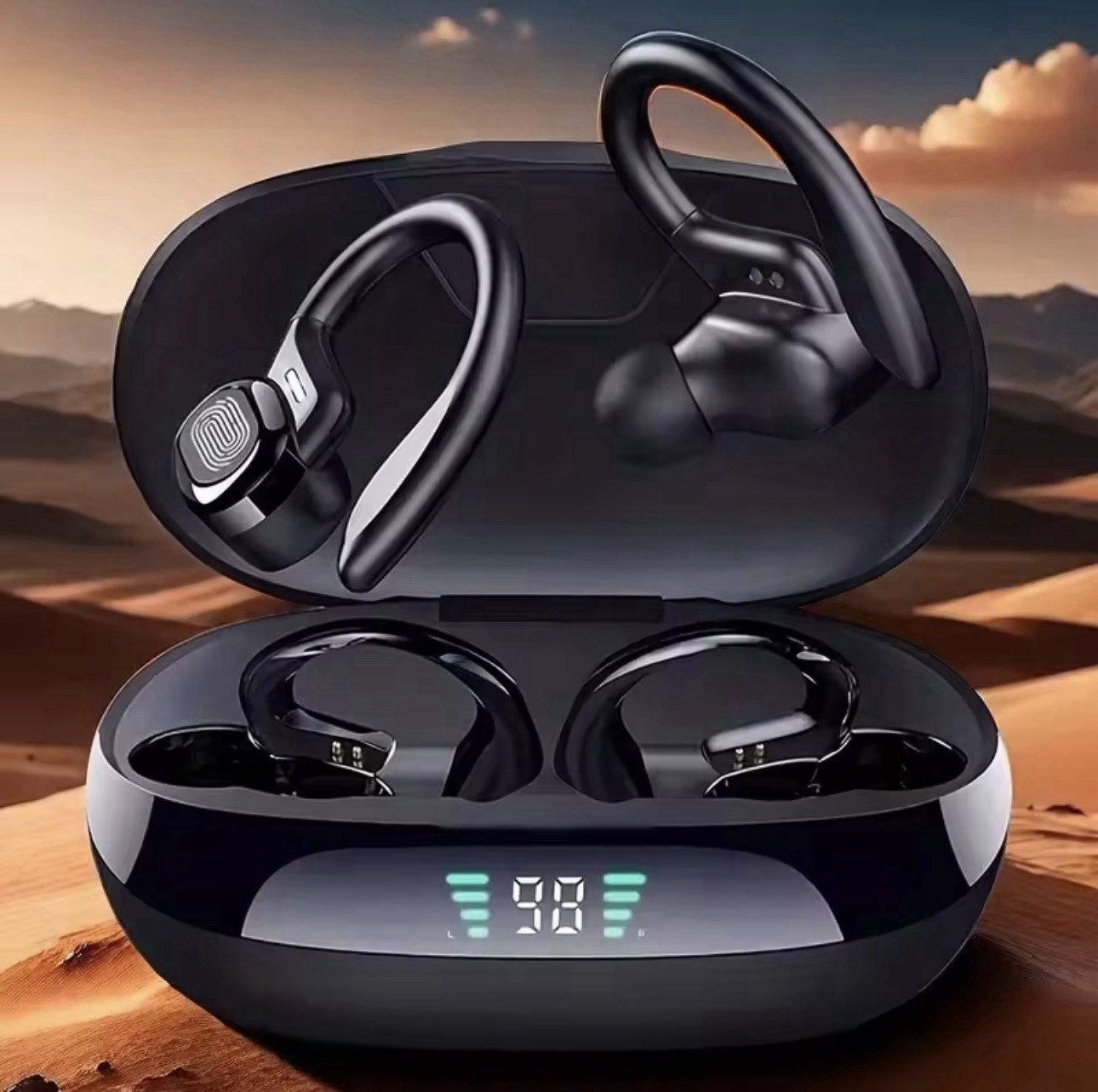 Wireless Sport Earbuds Ear Hook HiFi 4-Mic Noise Cancelling LED Battery Display