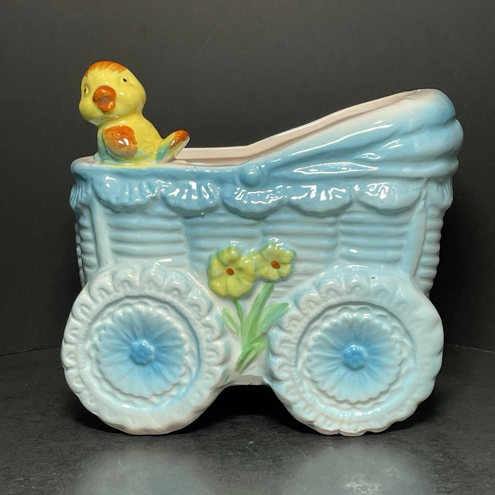 Ceramic Baby Buggy Blue Carriage Vase Planter Decor Vintage INARCO Japan