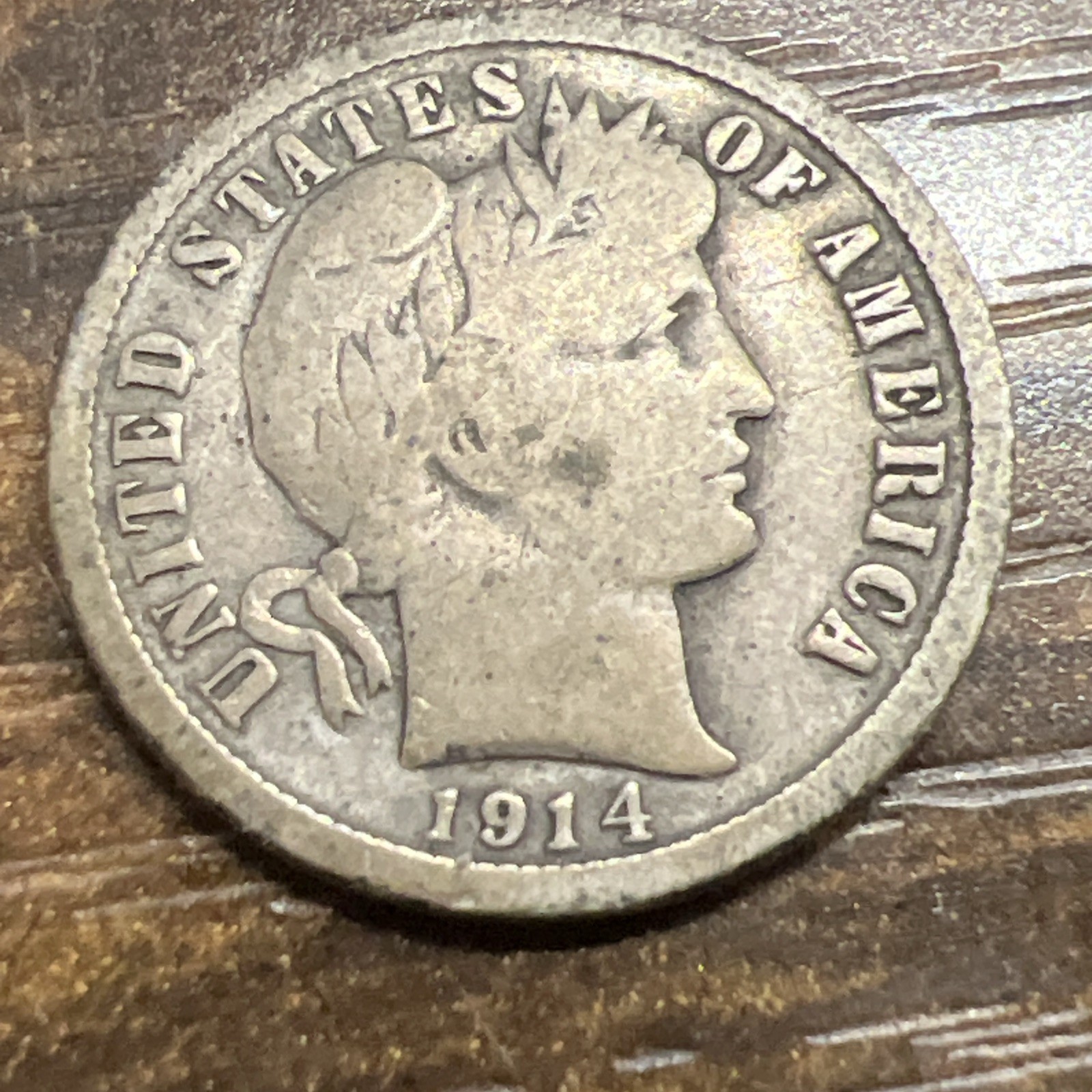 1914 Barber Liberty Head Dime 90% silver Actual coin