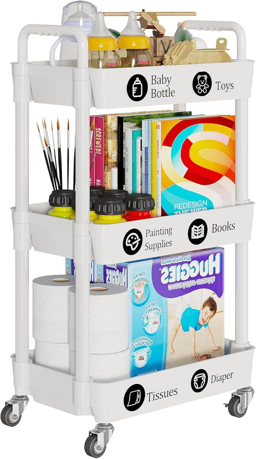 3-Tier Rolling Cart with Wheels,Multifunction Utility Storage Carts, Kitchen Sto