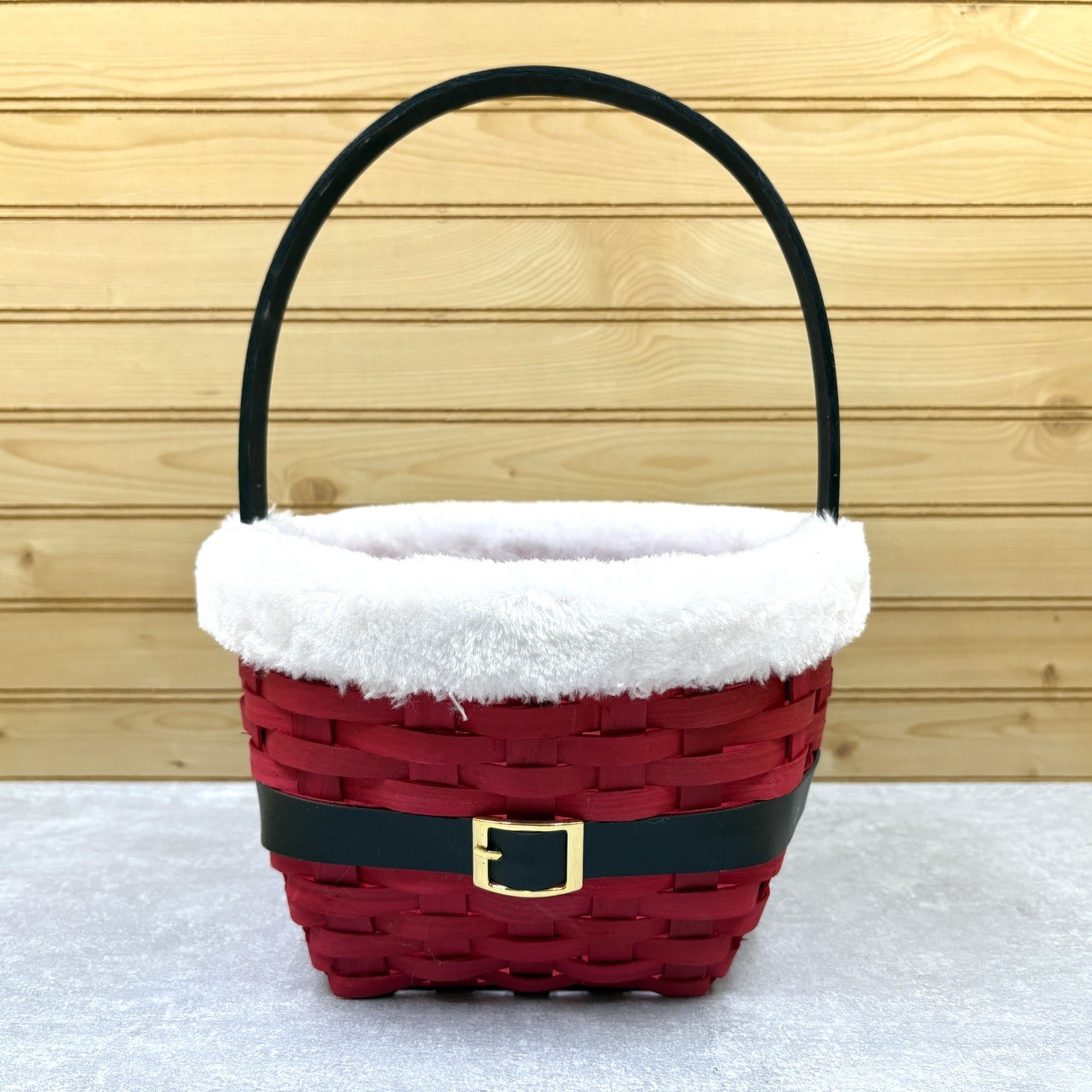 Santa Christmas Wooden Woven Basket Red White Black Belt 12" Tall 9.5" Diameter