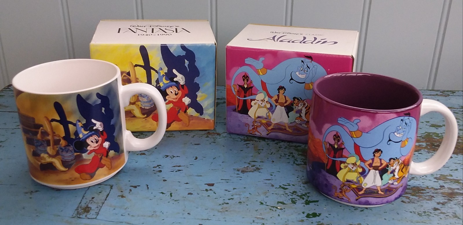 Walt Disney Classic Movie Mugs. Aladdin & Fantasia. Pair. Boxed VGC