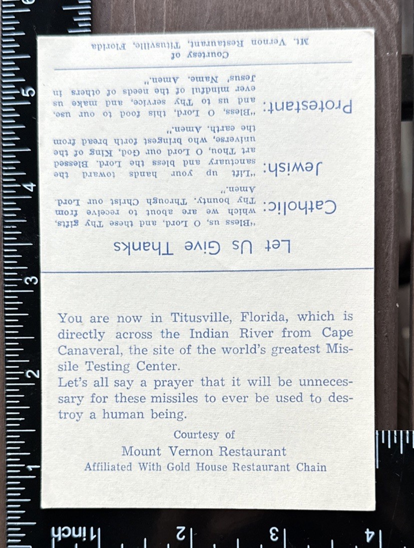 NASA Cape Canaveral 1950s 1960s Prayer For No War Table Card Nearby Restaurant