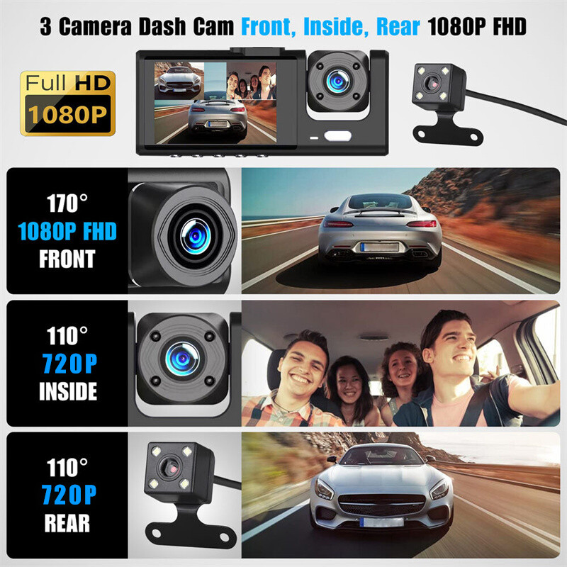 3 lenses Camara De Seguridad Dash Cam Para Auto Carro Delantero/Trasero/Interior