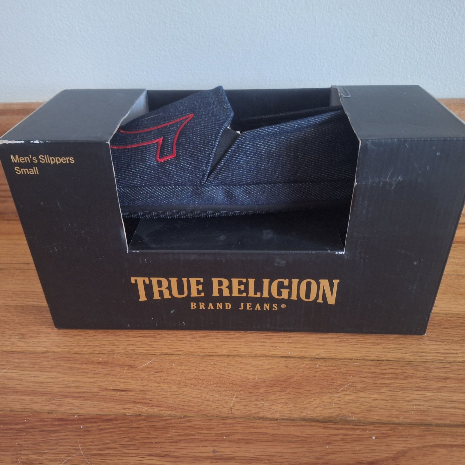 True Religion Mens Faux Denim Slippers Grey Blue Small 7-8 New In Box