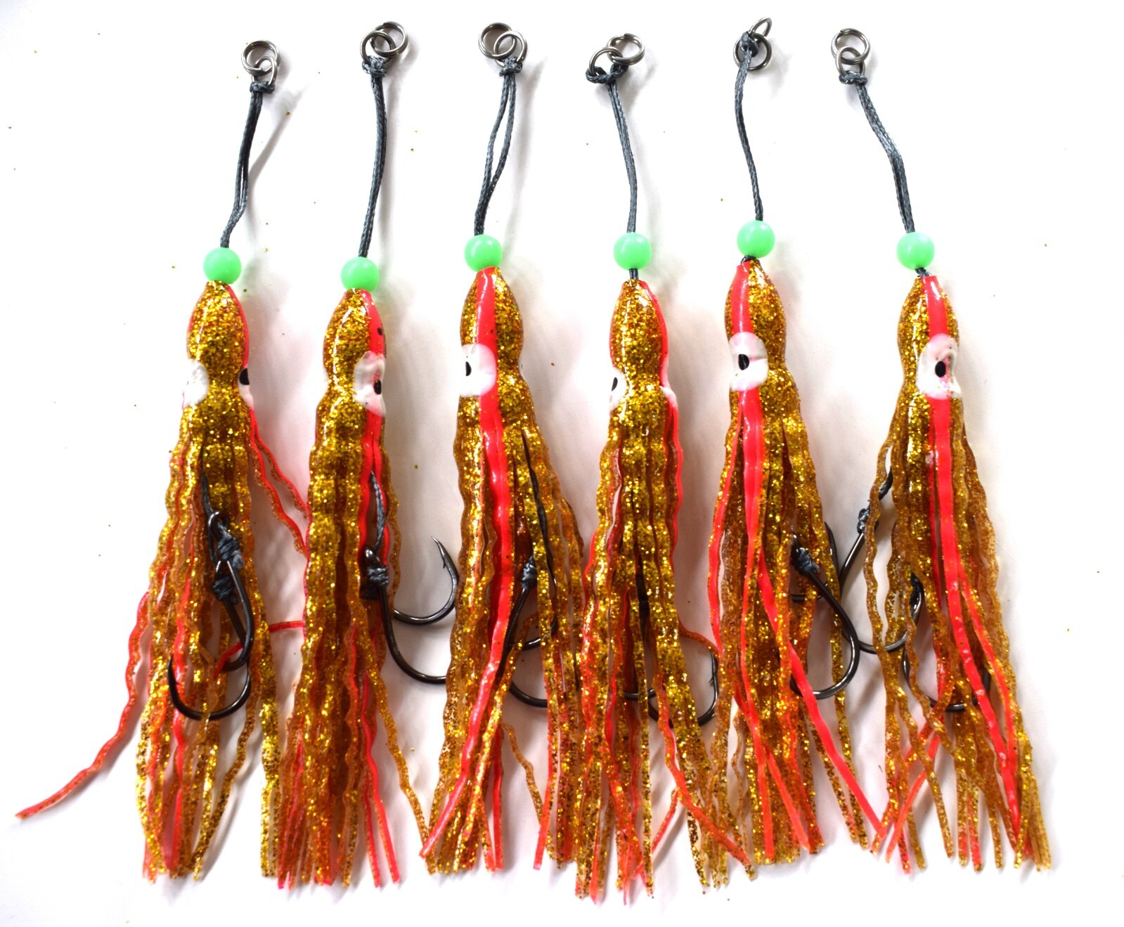 6 pieces 4.75" Soft Twisted Crinkle Octopus Hoochies Squid Skirts Rig -gold/Red