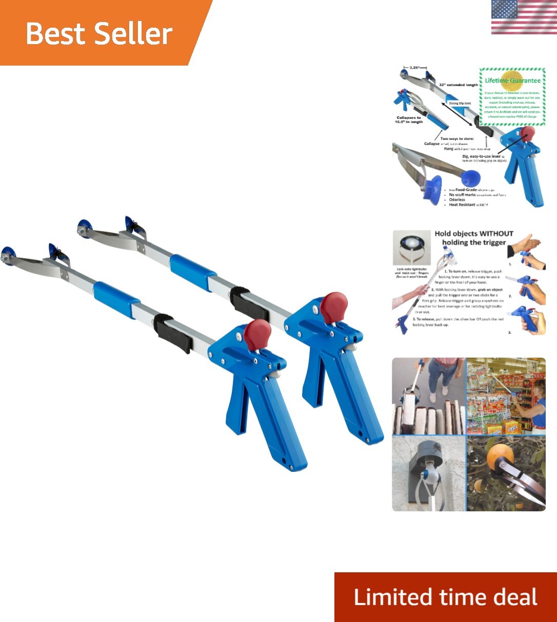 32" EZ Reacher Indoor Grabber Reacher - Folding Grabber Tool with Collapsible...