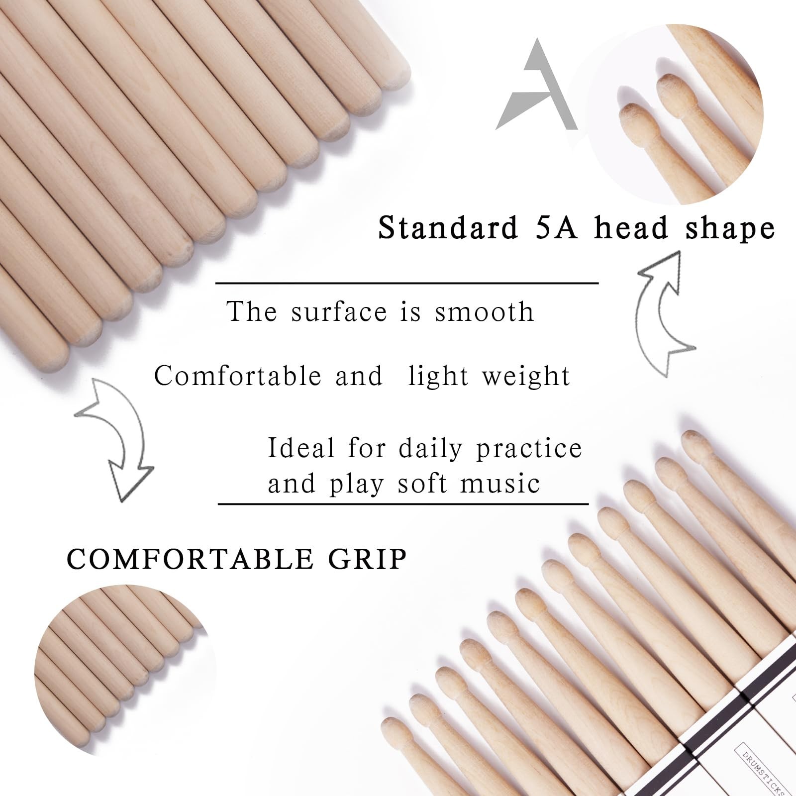 Drum Sticks，5A Drumsticks, 12 Pairs Classic Maple Wood Tip Drum Sticks fo