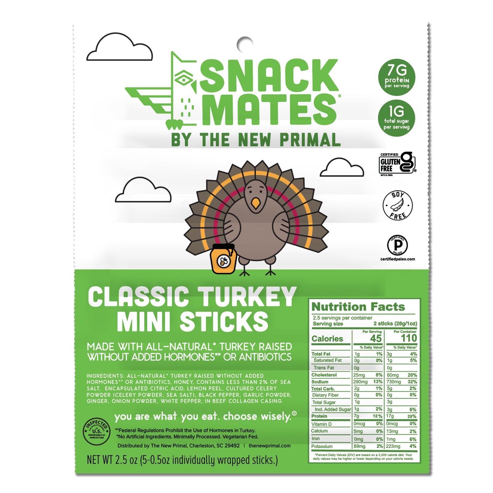 Snack Mates by The New Primal, Turkey Stick, All-Natural High Protein 0.5oz, 5pk