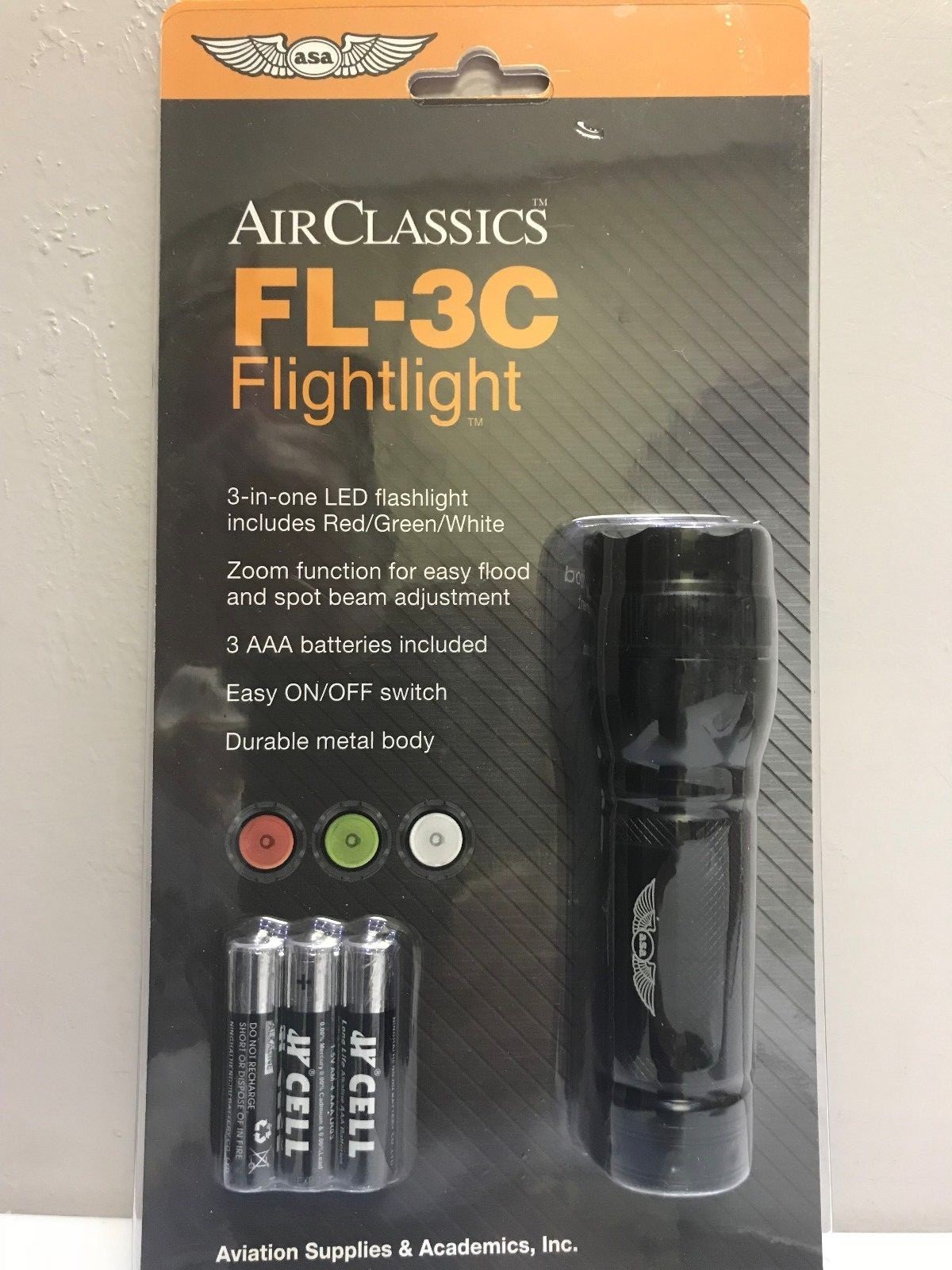 "FLIGHTLIGHT" LED PILOT FLASHLIGHT Red/Green/White  by ASA, p/n ASA-FL-3C