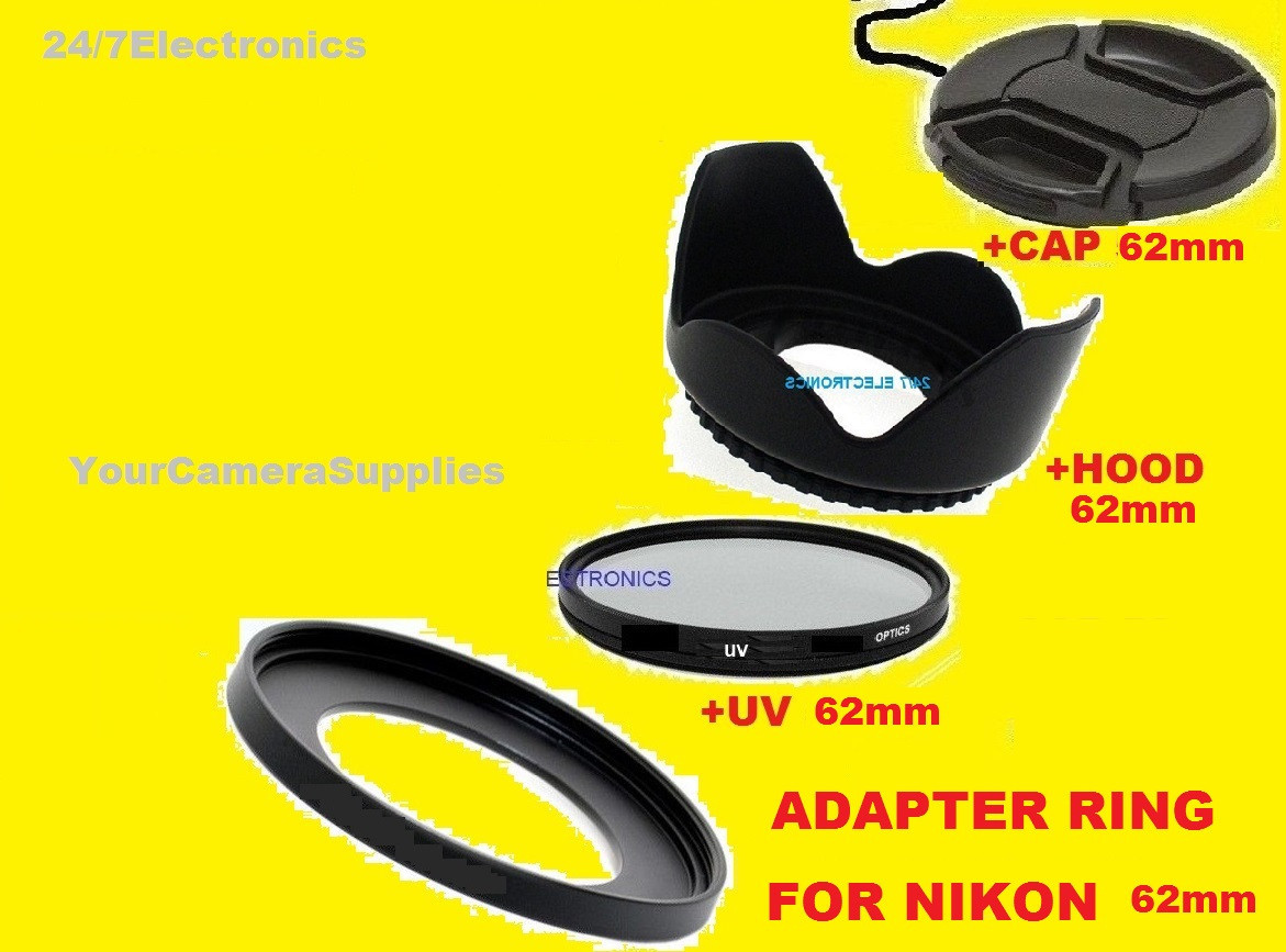 ADAPTER RING+UV FILTER+LENS HOOD+CAP 62mm TO CAMERA NIKON COOLPIX P600 P610 B700