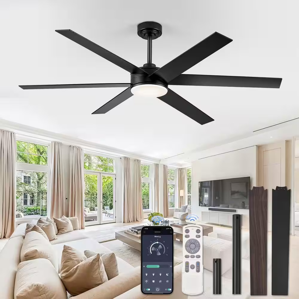60 In. Outdoor/Indoor Black and Walnut 6 Blades Large Ceiling Fan with Lights an